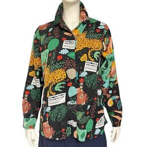 Gracia Button Front Shirt Small Whimsical Jungle Animal Print Garden Farm Top